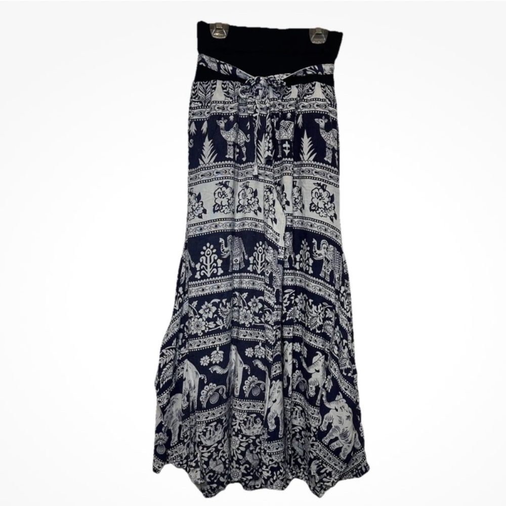 Dragonfly Elephant Print palazzo Pants Navy/Cream, Black Band Waist Sz S